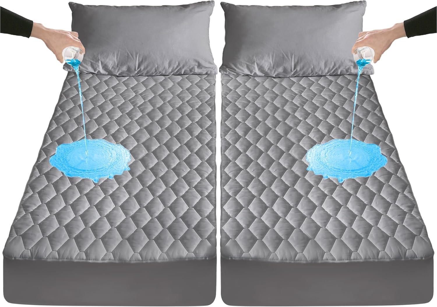 imageLunsing Twin Mattress Protector Soft Breathable Waterproof Twin Size Mattress Pad Cover 616 inches Deep Pocket 4 Straps WhiteGray