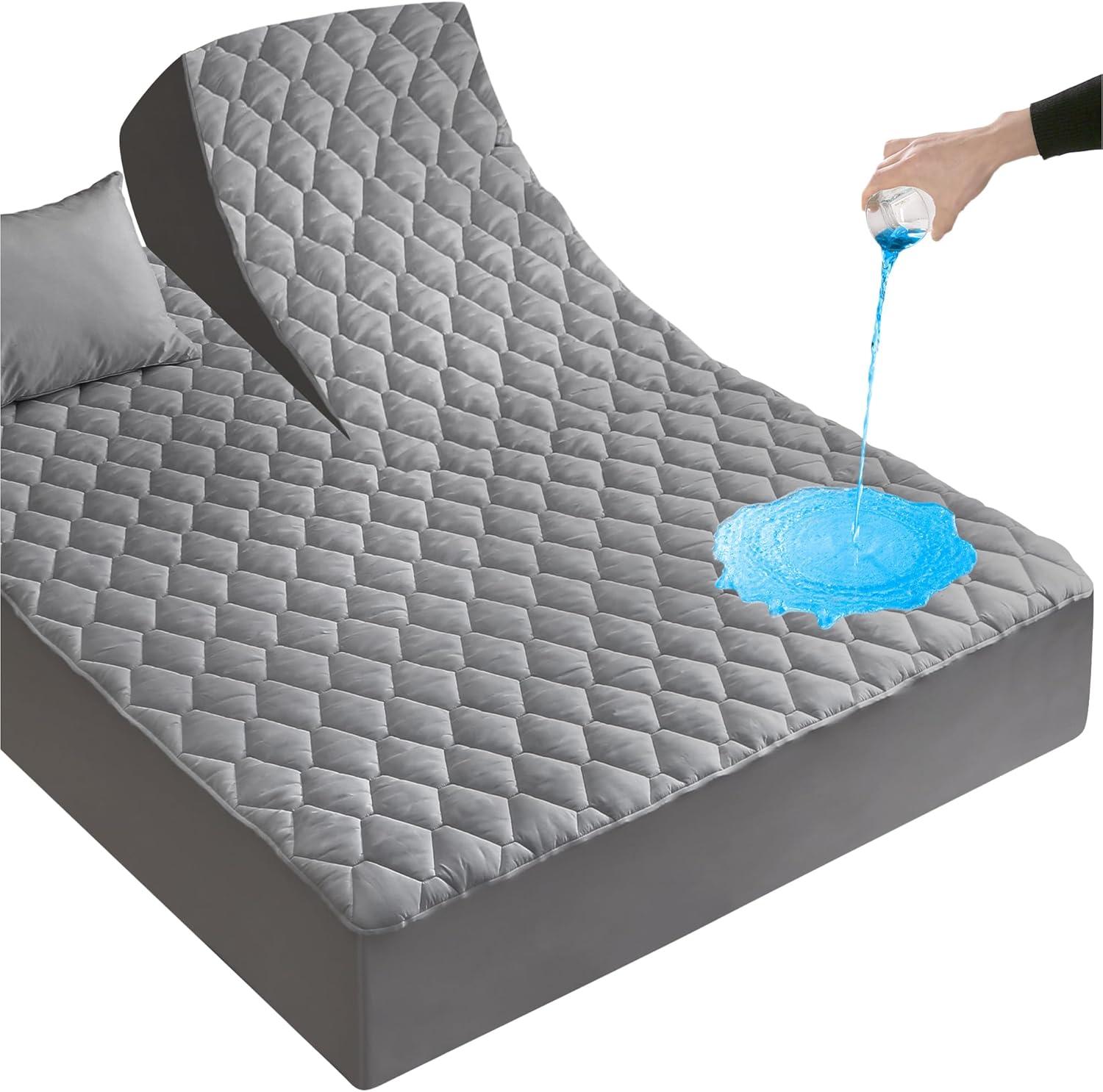 imageLunsing Twin Mattress Protector Soft Breathable Waterproof Twin Size Mattress Pad Cover 616 inches Deep Pocket 4 Straps WhiteGray
